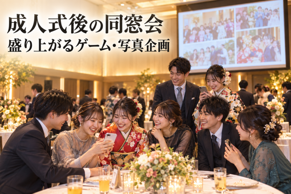 成人式後の同窓会でスマホ写真を見ながら再会を楽しむ参加者のイメージ