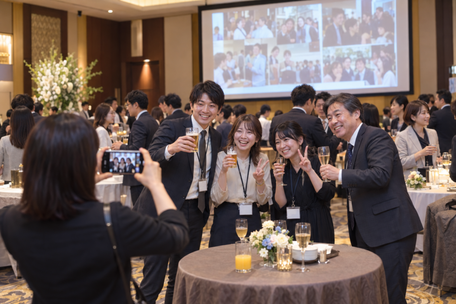 社内懇親会で写真を撮影する参加者と会場スクリーンのイメージ