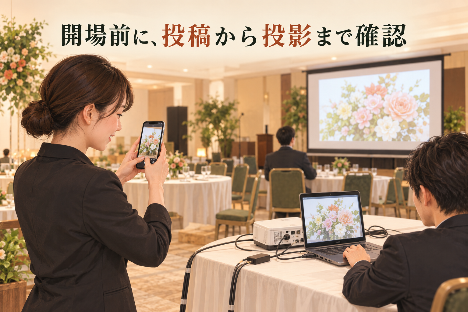開場前にスマホ投稿、PC操作、スクリーン投影と後方席からの見え方を確認するスタッフ