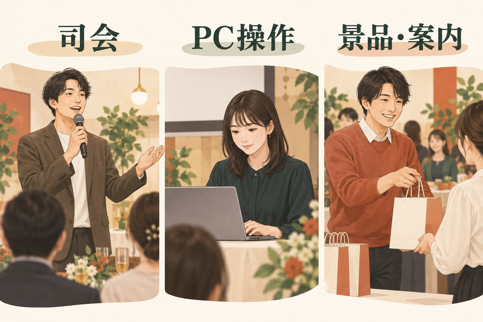 司会、PC操作、景品・案内を別の担当者で分担するイメージ