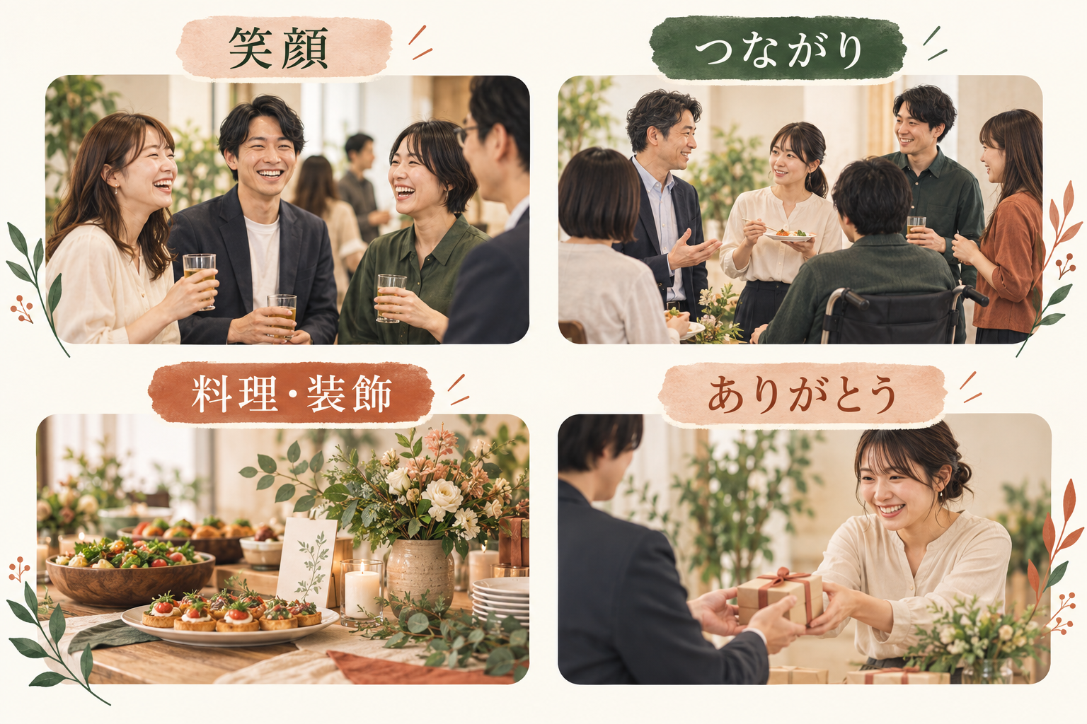 笑顔、部署を越えた交流、料理や装飾、感謝の場面を撮る写真テーマの例