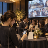 企業イベントで参加者がQRコードから写真を投稿し会場に共有する様子