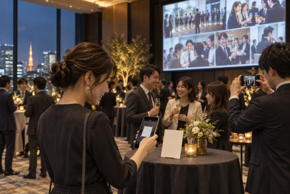 企業イベントで参加者がQRコードから写真を投稿し会場に共有する様子