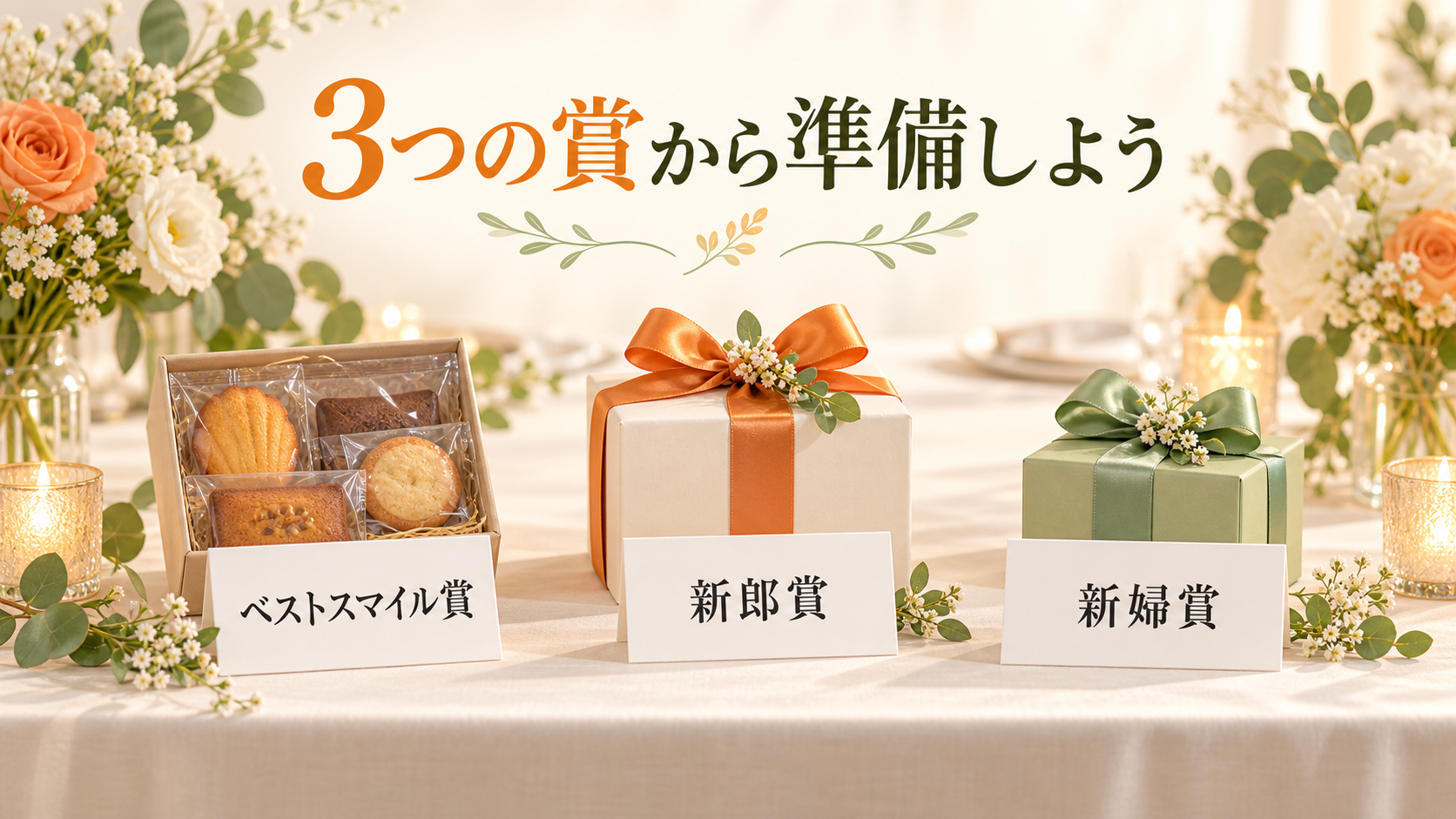 ベストスマイル賞、新郎賞、新婦賞の3つに小さなギフトを用意した景品のイメージ