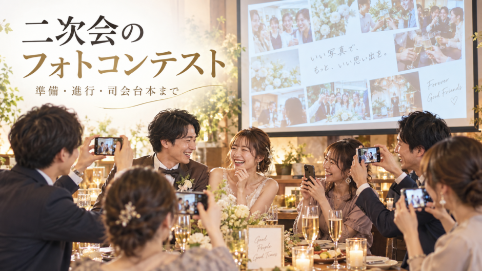 結婚式二次会で新郎新婦と友人が写真撮影とスクリーン投影を楽しむフォトコンテストのイメージ