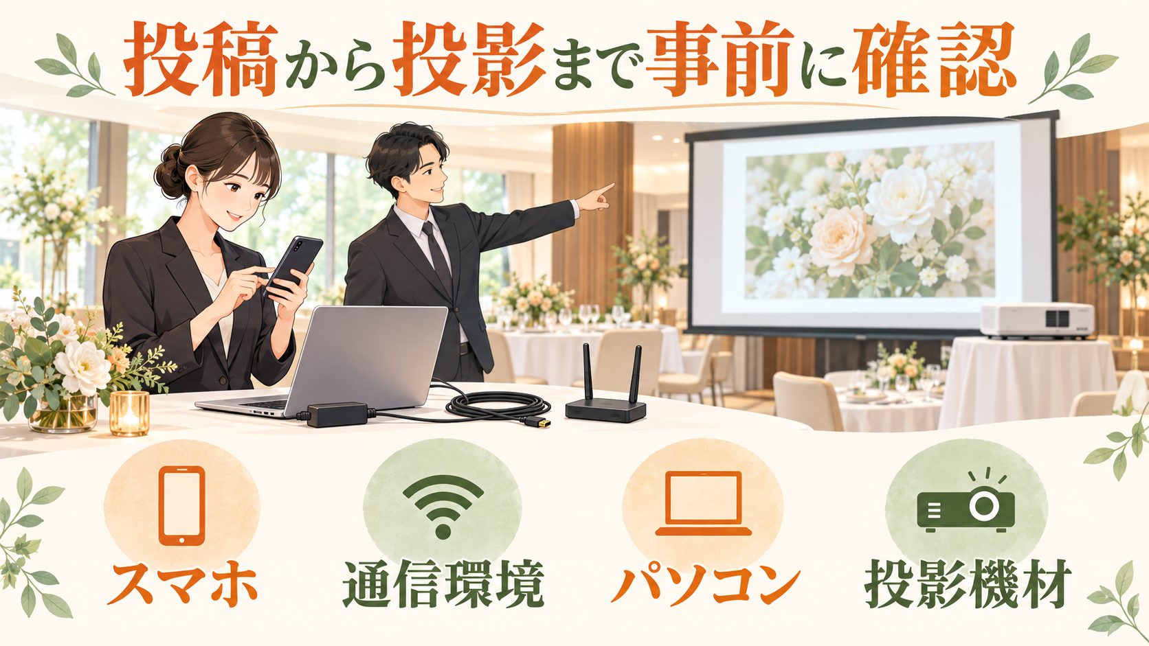 開宴前に幹事がスマホ、通信環境、パソコン、投影機材を使って投稿と表示を確認するイメージ