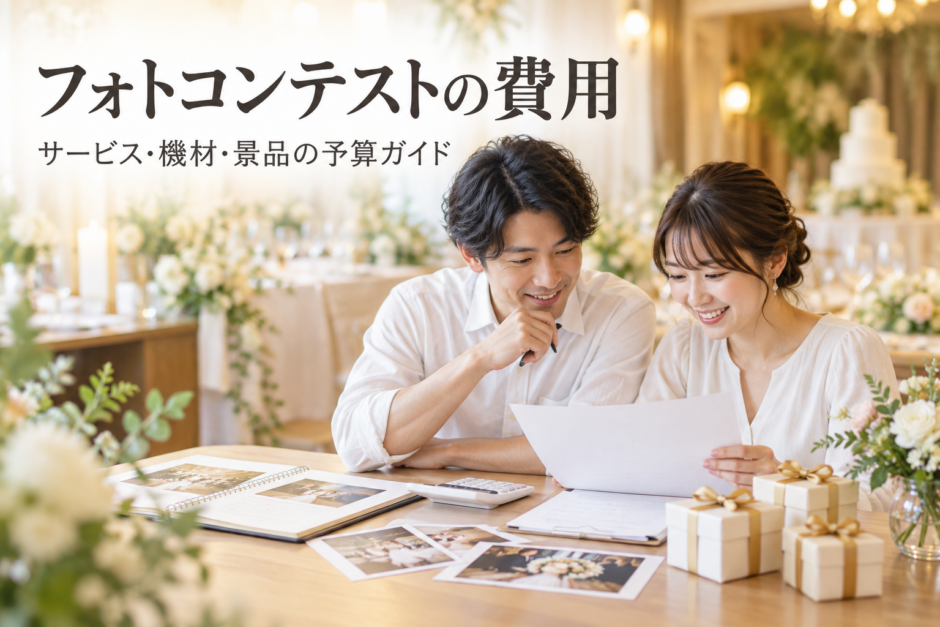 結婚式のフォトコンテストに必要な予算と景品を相談するカップルのイメージ