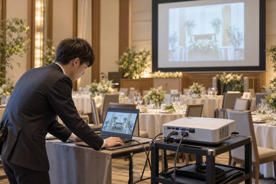 披露宴開始前にPCと投影機材を確認するイメージ