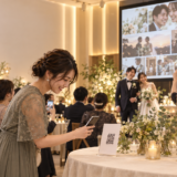 結婚式会場でゲストがQRコードを読み取り写真を共有する様子