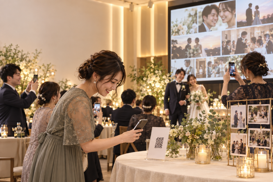結婚式会場でゲストがQRコードを読み取り写真を共有する様子