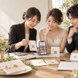 結婚式の写真共有を案内するQRカードを新郎新婦と担当者が準備する様子