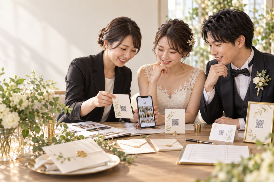 結婚式の写真共有を案内するQRカードを新郎新婦と担当者が準備する様子
